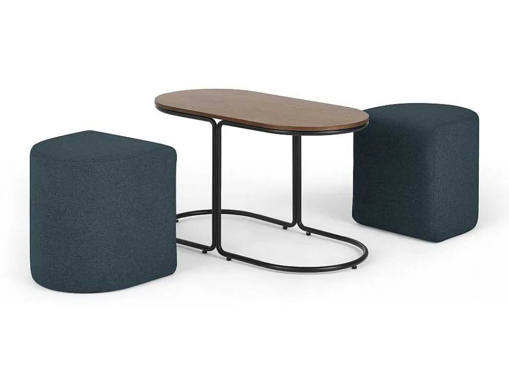 Salontafel + 2 Poefs Van Stof - Naturel En Blauw - Adar-Vente-unique Discount