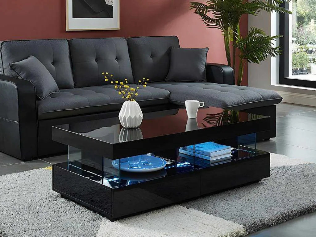 Salontafel Fabio - Zwart Gelakt Mdf - Met Leds - 2 Lades En 2 Nissen-Vente-unique Best