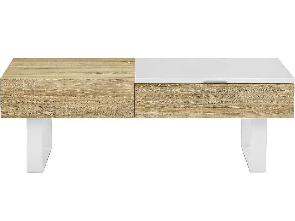 Salontafel Met Afneembaar Tafelblad En 1 Lade - Mdf En Staal - Naturel En Wit - Balun-Vente-unique New
