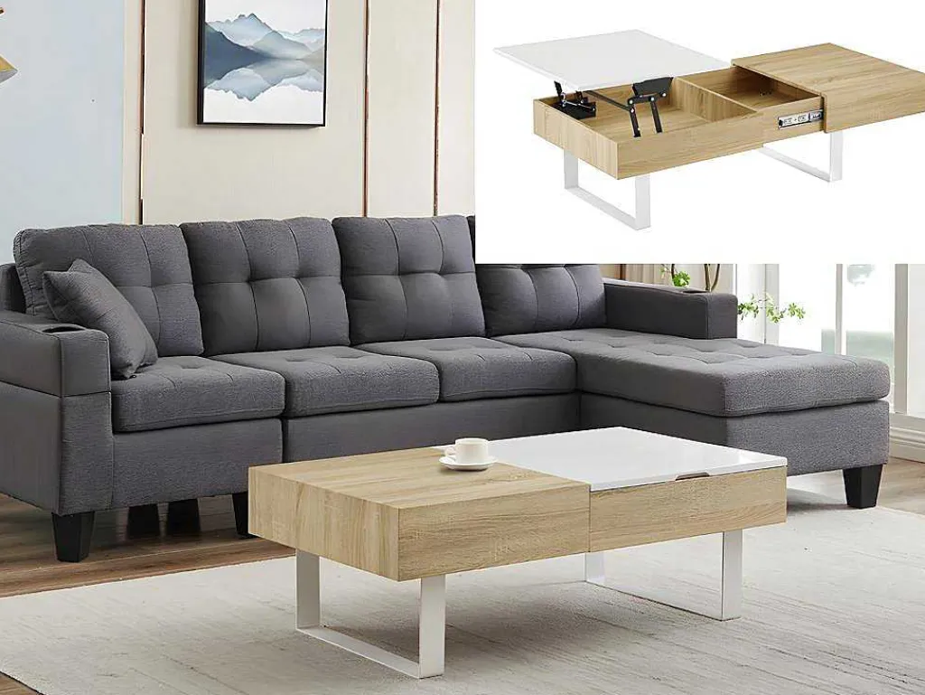 Salontafel Met Afneembaar Tafelblad En 1 Lade - Mdf En Staal - Naturel En Wit - Balun-Vente-unique New