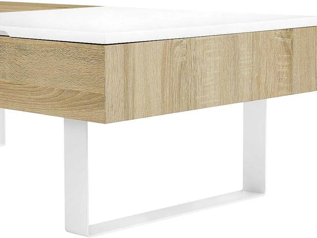 Salontafel Met Afneembaar Tafelblad En 1 Lade - Mdf En Staal - Naturel En Wit - Balun-Vente-unique New