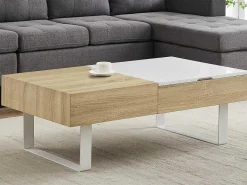 Salontafel Met Afneembaar Tafelblad En 1 Lade - Mdf En Staal - Naturel En Wit - Balun-Vente-unique New
