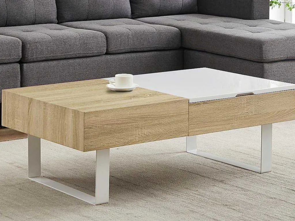 Salontafel Met Afneembaar Tafelblad En 1 Lade - Mdf En Staal - Naturel En Wit - Balun-Vente-unique New