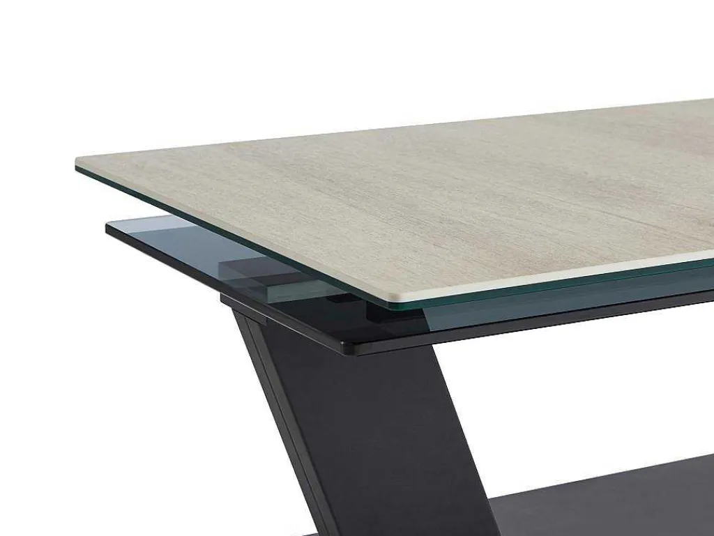 Salontafel Met Draaibladen - Keramiek, Gerookt Gehard Glas En Metaal - Zwart En Naturel - Oyrus Van Maison Cephy-Maison Céphy Best