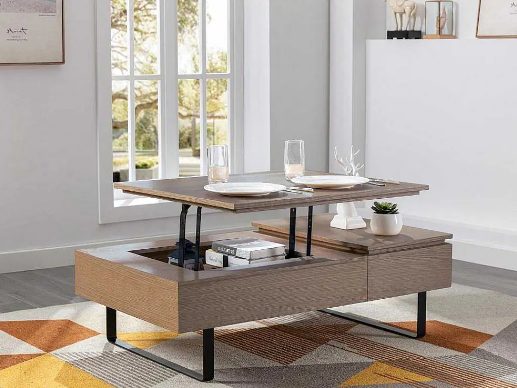 Salontafel Met Verstelbaar Blad En 1 Lade Van Mdf En Metaal - Donker Natuurlijk - Dalaho-Vente-unique Best