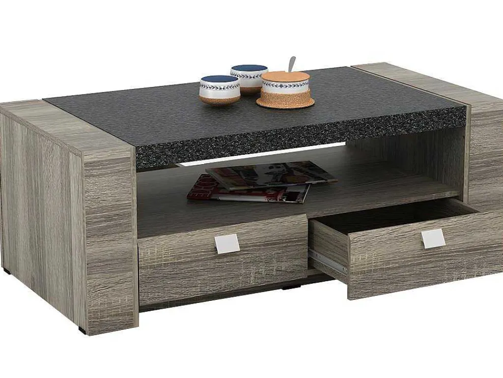 Salontafel Meteorite - 2 Laden - Mdf Blad Met Granieteffect-Vente-unique