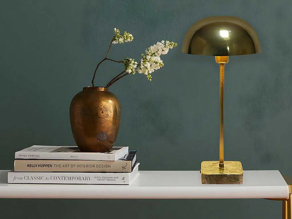 Schemerlamp Champignon Met Art-Decostijl Amanite - Marmer En Ijzer - 24,5 X 24,5 X 52 Cm - Goudkleurig-OZAIA New