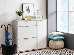 Schoenenkast Arietta - 2 Vlakken, 1 Deur En 1 Lade - Kleur: Wit & Beton-Vente-unique