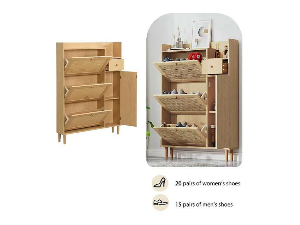 Schoenenkast In Hout En Rotan - 3 Klepdeuren En 1 Lade - Verstelbare Plank - Naturel-ModernLuxe Sale