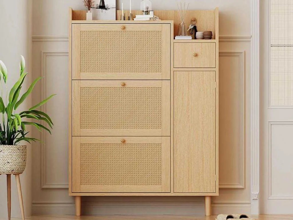 Schoenenkast In Hout En Rotan - 3 Klepdeuren En 1 Lade - Verstelbare Plank - Naturel-ModernLuxe Sale