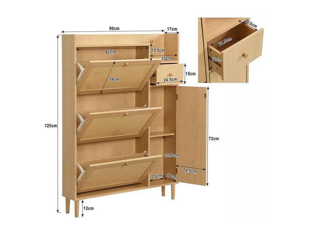 Schoenenkast In Hout En Rotan - 3 Klepdeuren En 1 Lade - Verstelbare Plank - Naturel-ModernLuxe Sale