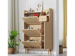 Schoenenkast In Hout En Rotan - 3 Klepdeuren En 1 Lade - Verstelbare Plank - Naturel-ModernLuxe Sale