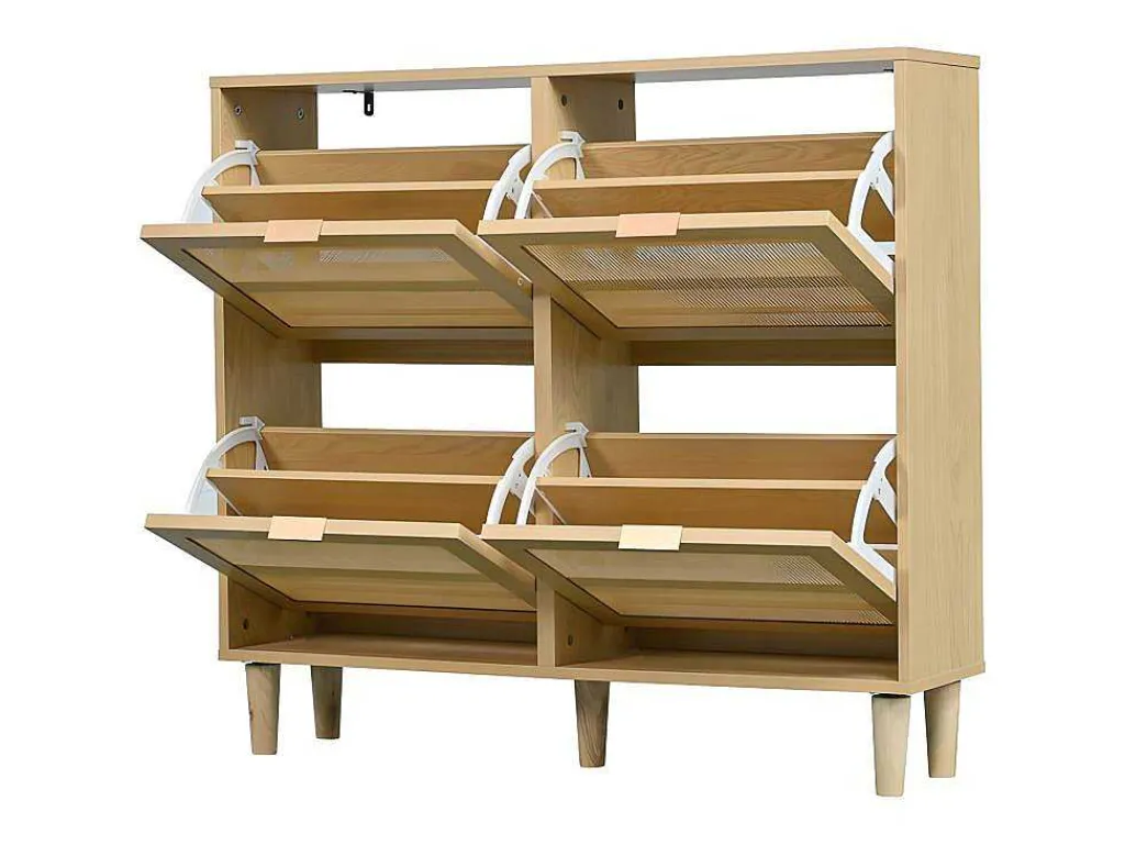 Schoenenkast In Hout En Rotan - 4 Klepdeuren - Naturel-ModernLuxe