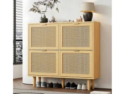 Schoenenkast In Hout En Rotan - 4 Klepdeuren - Naturel-ModernLuxe