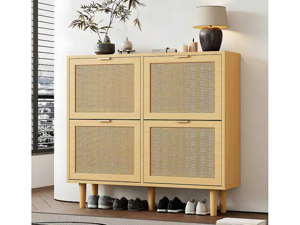 Schoenenkast In Hout En Rotan - 4 Klepdeuren - Naturel-ModernLuxe