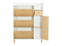Schoenenkast In Hout En Rotan - 3 Klepdeuren En 1 Lade - Verstelbare Plank - Naturel & Wit-ModernLuxe Best