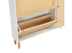 Schoenenkast In Hout En Rotan - 3 Klepdeuren En 1 Lade - Verstelbare Plank - Naturel & Wit-ModernLuxe Best