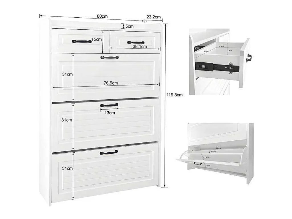 Schoenenkast In Spaanplaat - 3 Klepdeuren En 2 Laden - Wit-ModernLuxe Discount