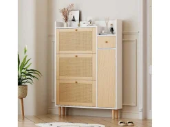 Schoenenkast Met 3 Klepdeuren En 1 Lade Afmeting 90L X 17B X 125H Cm Houtlook Rotan Rieteffect Kleur Wit + Eiken-Vente-unique Best