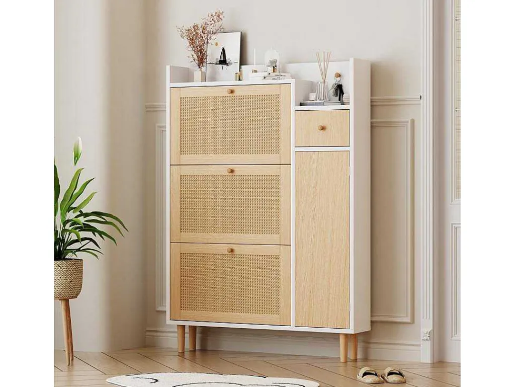 Schoenenkast Met 3 Klepdeuren En 1 Lade Afmeting 90L X 17B X 125H Cm Houtlook Rotan Rieteffect Kleur Wit + Eiken-Vente-unique Best