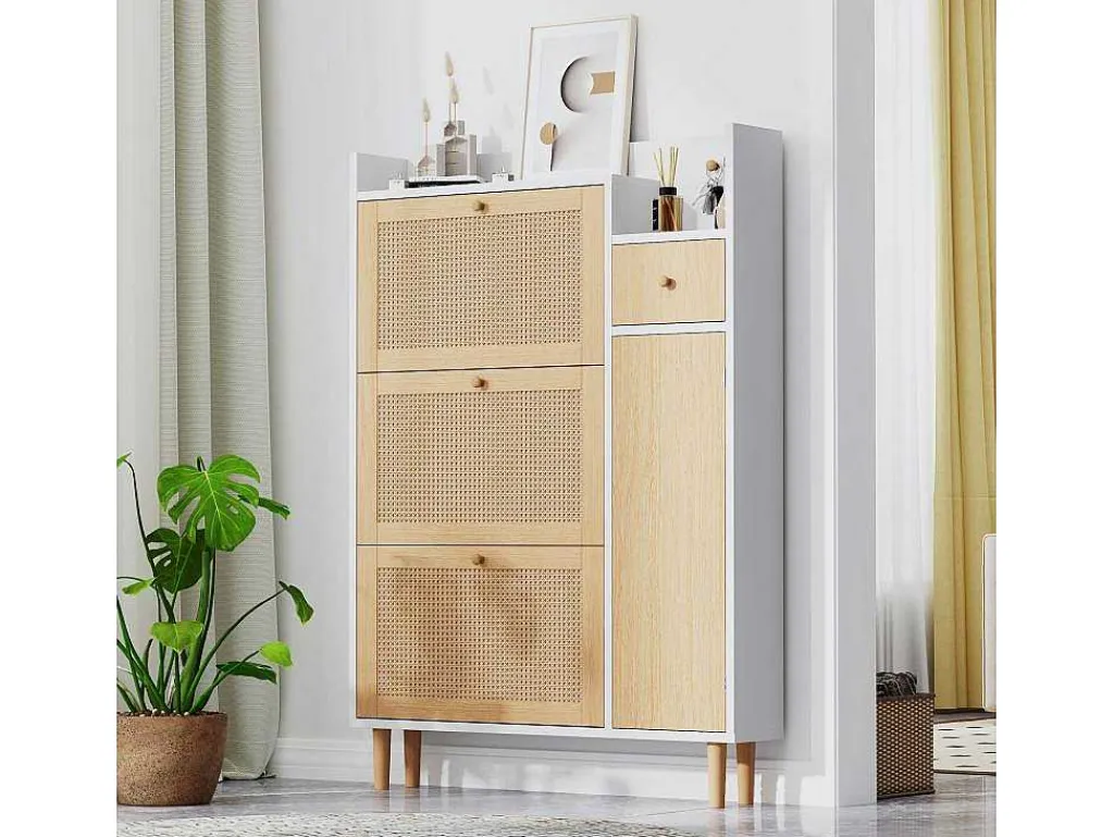 Schoenenkast Met 3 Klepdeuren En 1 Lade Afmeting 90L X 17B X 125H Cm Houtlook Rotan Rieteffect Kleur Wit + Eiken-Vente-unique Best
