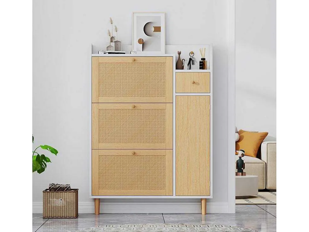 Schoenenkast Met 3 Klepdeuren En 1 Lade Afmeting 90L X 17B X 125H Cm Houtlook Rotan Rieteffect Kleur Wit + Eiken-Vente-unique Best