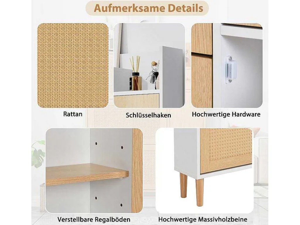 Schoenenkast Met 3 Klepdeuren En 1 Lade Afmeting 90L X 17B X 125H Cm Houtlook Rotan Rieteffect Kleur Wit + Eiken-Vente-unique Best