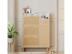 Schoenenkast Met 3 Klepdeuren En 1 Lade Afmeting 90L X 17B X 125H Cm Houtlook Rotan Rieteffect Kleur Wit + Eiken-Vente-unique Best