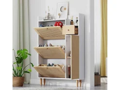 Schoenenkast Met 3 Klepdeuren En 1 Lade Afmeting 90L X 17B X 125H Cm Houtlook Rotan Rieteffect Kleur Wit + Eiken-Vente-unique Best