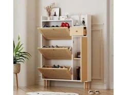 Schoenenkast Met 3 Klepdeuren En 1 Lade Afmeting 90L X 17B X 125H Cm Houtlook Rotan Rieteffect Kleur Wit + Eiken-Vente-unique Best