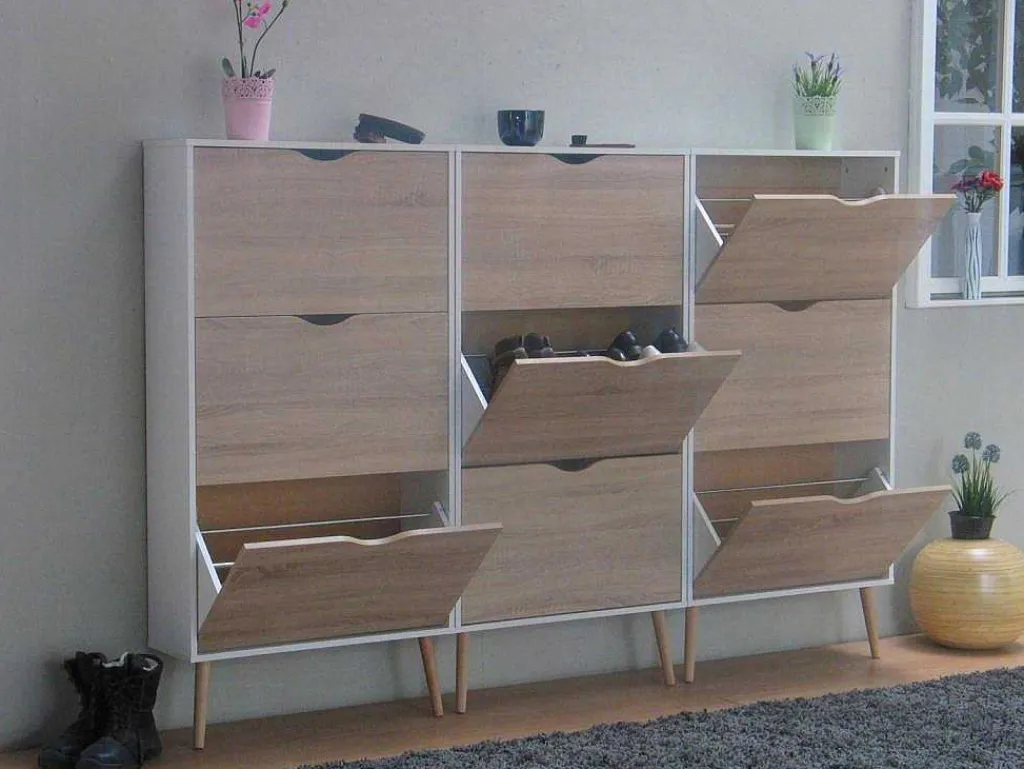 Schoenenkasten Napoli (Set Van Drie) Met 3 Lades Wit / Eiken.-Vente-unique