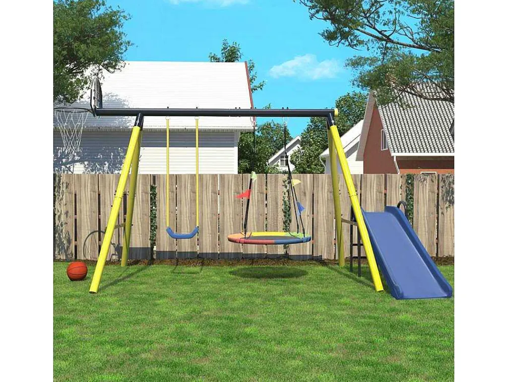 Schommel Met Glijbaan Voor Kinderen - Metalen Frame - Buitenspeeltuin Voor Kinderen Van 3 Tot 8 Jaar - Geel-Vente-unique Clearance
