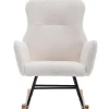 Schommelstoel - Relaxstoel Voor In De Woonkamer - Opgevuld Met Teddypluche - Vakjes Aan De Zijkant Van De Armleuningen - Houten Onderstel - Wit-ModernLuxe Best