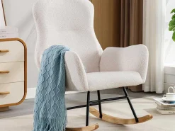 Schommelstoel - Relaxstoel Voor In De Woonkamer - Opgevuld Met Teddypluche - Vakjes Aan De Zijkant Van De Armleuningen - Houten Onderstel - Wit-ModernLuxe Best