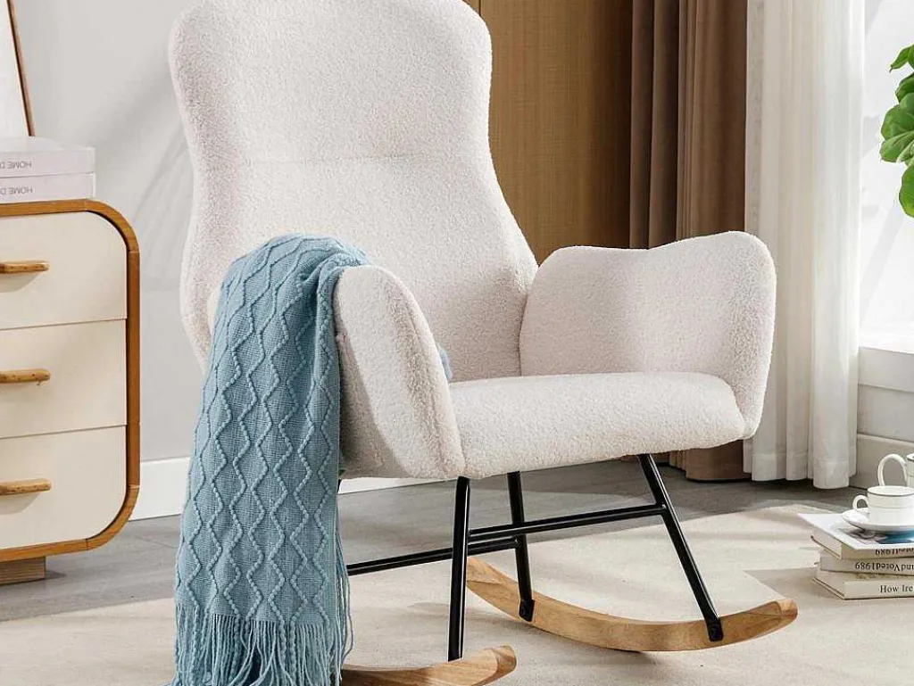 Schommelstoel - Relaxstoel Voor In De Woonkamer - Opgevuld Met Teddypluche - Vakjes Aan De Zijkant Van De Armleuningen - Houten Onderstel - Wit-ModernLuxe Best