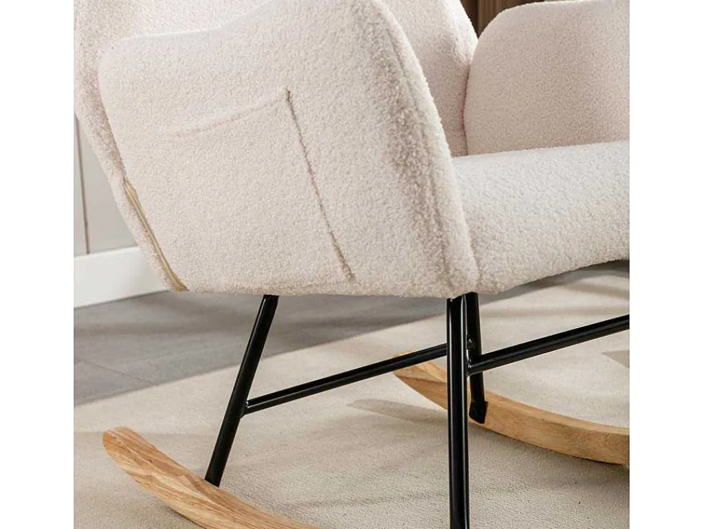 Schommelstoel - Relaxstoel Voor In De Woonkamer - Opgevuld Met Teddypluche - Vakjes Aan De Zijkant Van De Armleuningen - Houten Onderstel - Wit-ModernLuxe Best