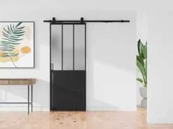 Schuifdeur Werkplaatsstijl Met Rails - Zwart En Mat Gehard Glas - H205 Cm X L93 Cm - Artisto Ii-Vente-unique Discount