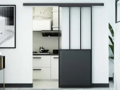 Schuifdeur Werkplaatsstijl - Zwart En Mat Gehard Glas - H205 X B73 Cm - Artisto-Vente-unique Outlet