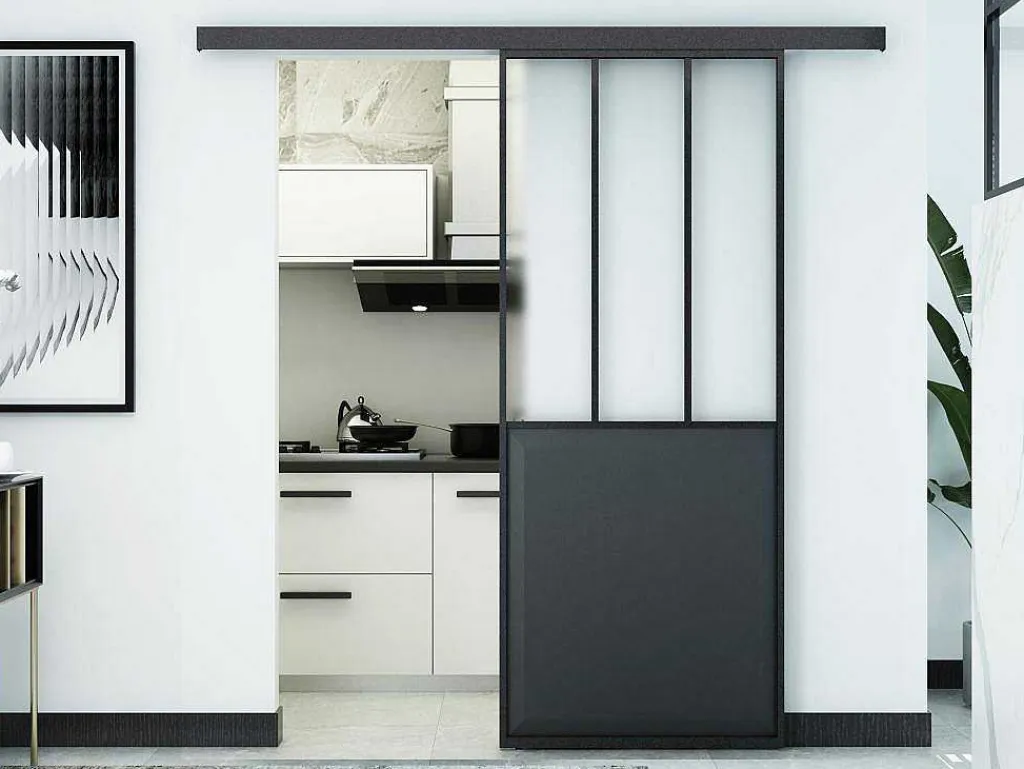 Schuifdeur Werkplaatsstijl - Zwart En Mat Gehard Glas - H205 X B73 Cm - Artisto-Vente-unique Outlet