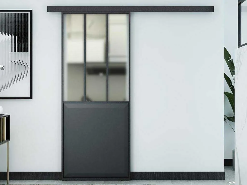 Schuifdeur Werkplaatsstijl - Zwart En Mat Gehard Glas - H205 X B73 Cm - Artisto-Vente-unique Outlet