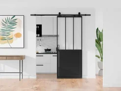 Schuifdeur Werkplaatsstijl Met Rails - Zwart En Mat Gehard Glas - H205 Cm X L63 Cm - Artisto Ii-Vente-unique