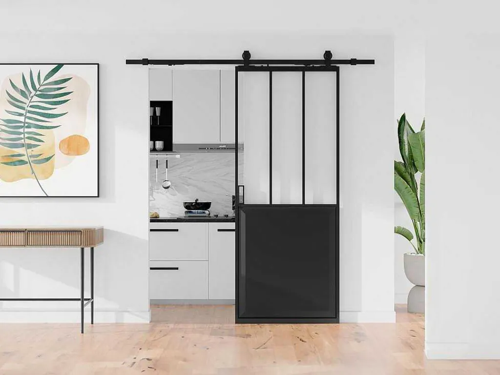 Schuifdeur Werkplaatsstijl Met Rails - Zwart En Mat Gehard Glas - H205 Cm X L63 Cm - Artisto Ii-Vente-unique
