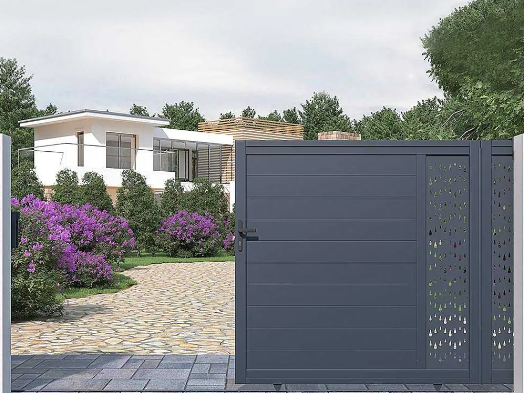 Schuifpoort Van Aluminium Met Motieven - Halfopengewerkt - L. 374 X H. 180 Cm - Antraciet - Gregor-EXPERTLAND Hot