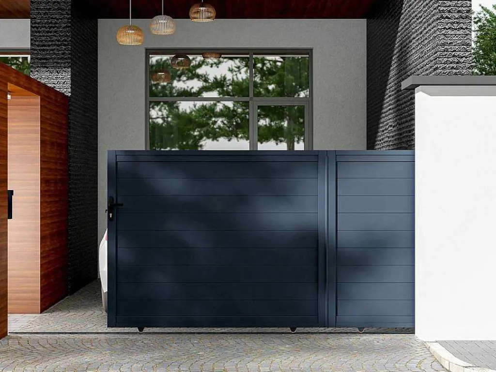 Schuifpoort Van Antraciet Opengewerkt Aluminium - L416 X 165 Cm - Nazario-EXPERTLAND