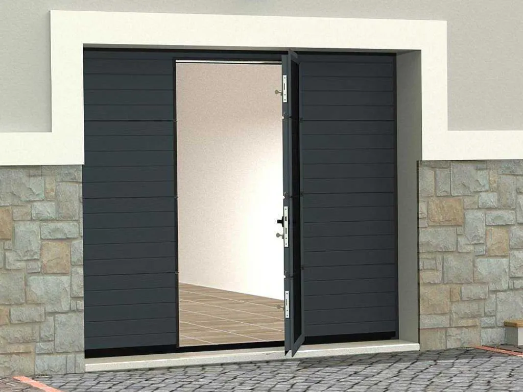 Sectionale Garagedeur Met Gegroefd Effect En Centrale Loopdeur - Antraciet - Met -Motor - Noria-Somfy Online