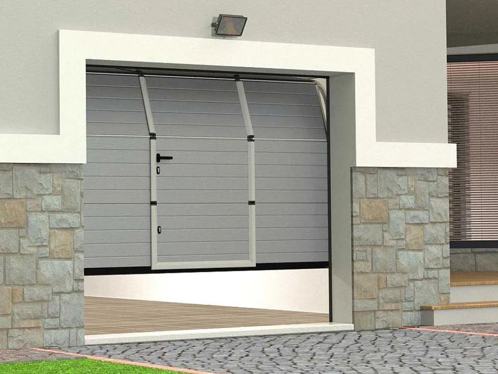 Sectionale Garagedeur Met Gegroefd Effect En Centrale Grijze Loopdeur Met Motor - Noria-Vente-unique Online