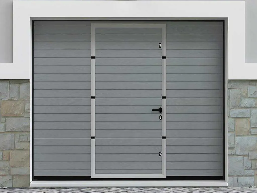 Sectionale Garagedeur Met Gegroefd Effect En Centrale Grijze Loopdeur Met Motor - Noria-Vente-unique Online