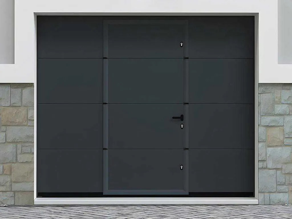 Sectionale Garagedeur Met Glad Effect En Centrale Loopdeur In Antraciet Met Motor - Lavega-Vente-unique Online