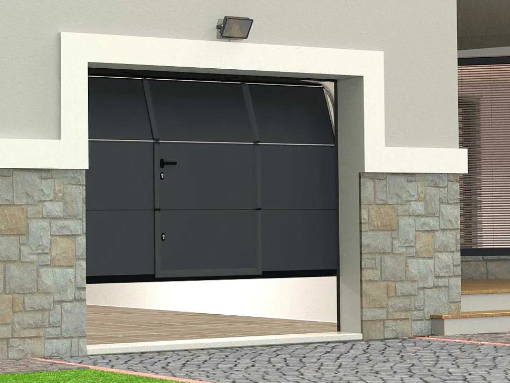 Sectionale Garagedeur Met Glad Effect En Centrale Loopdeur In Antraciet Met Motor - Lavega-Vente-unique Online