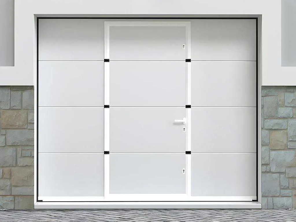 Sectionale Garagedeur Met Glad Effect Met Centrale Witte Loopdeur En Motor - Lavega-Somfy Discount
